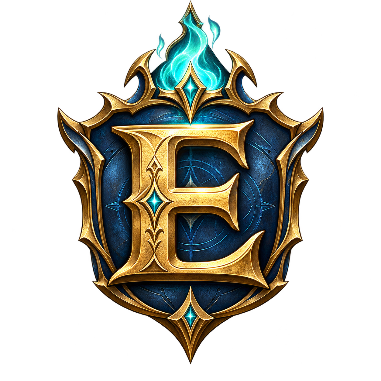 Elderfall golden E crest with a turquoise beacon